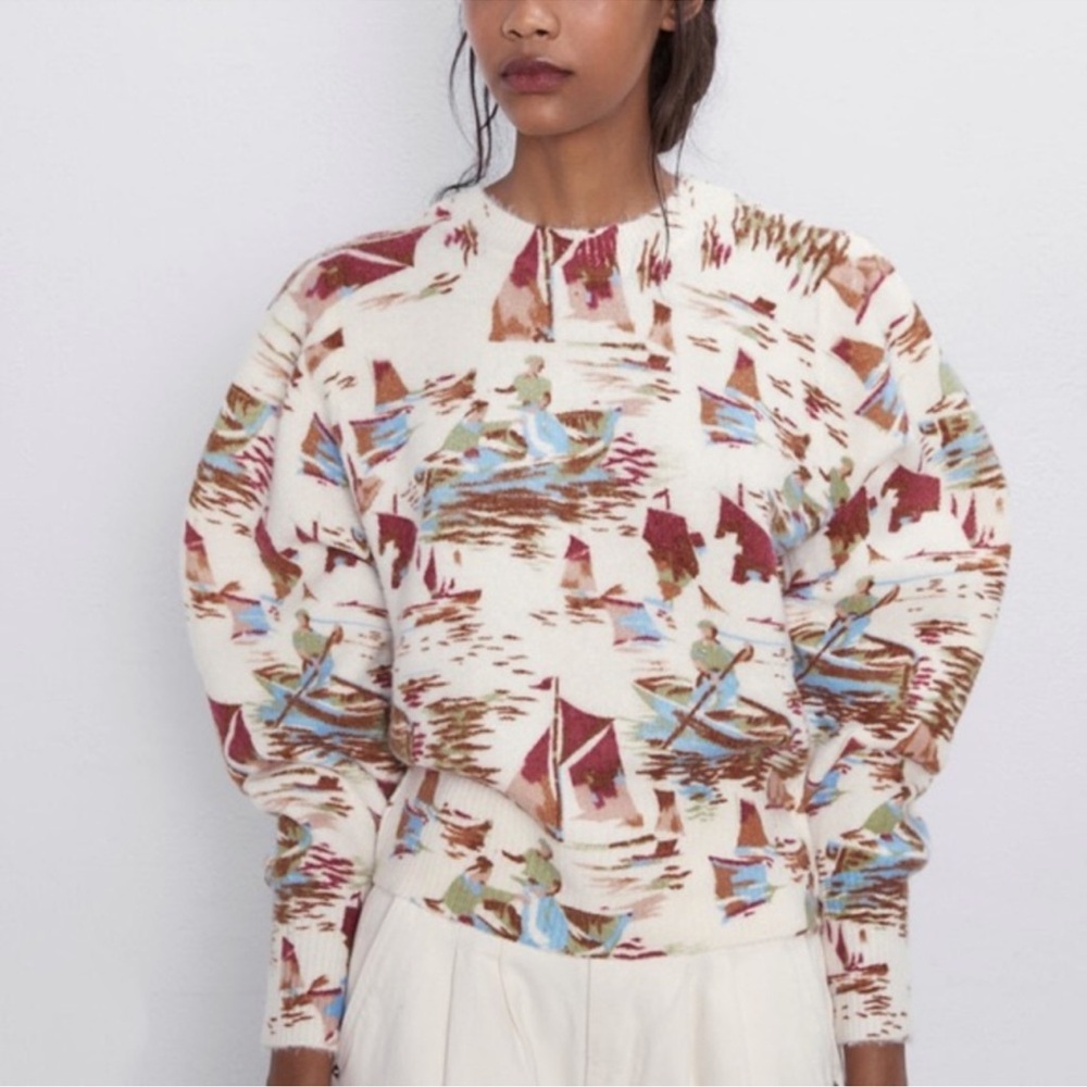 Zara Soft Touch Printed Sailor Boat Sweater Sz Medium